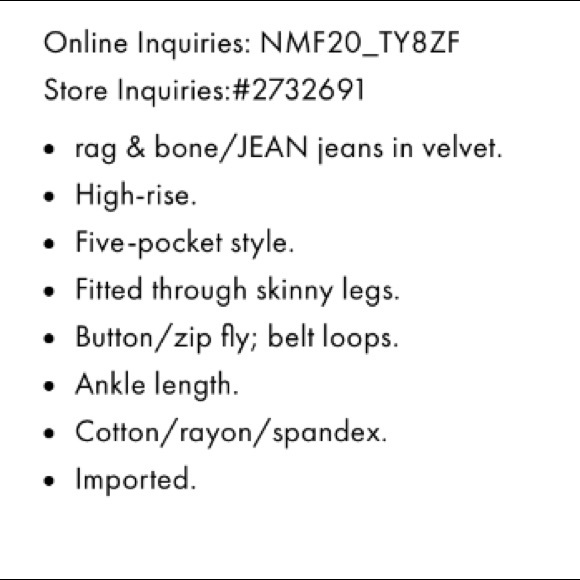 RAG & BONE**Velvet Hi-Rise Akinny Pants**23**$225 - Picture 5 of 5